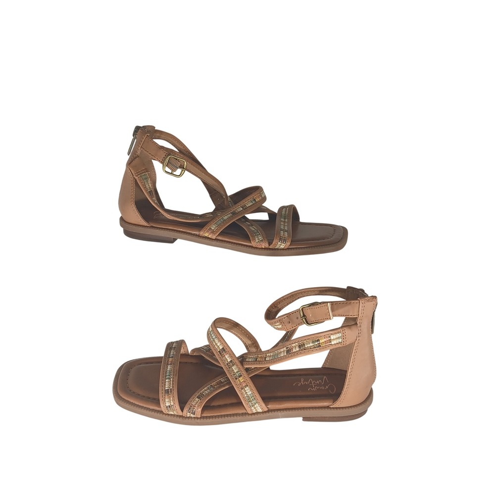 Crown Vintage Sandals 6M Tan Woven Strappy Boho Gladiator Flat Square Vacation
